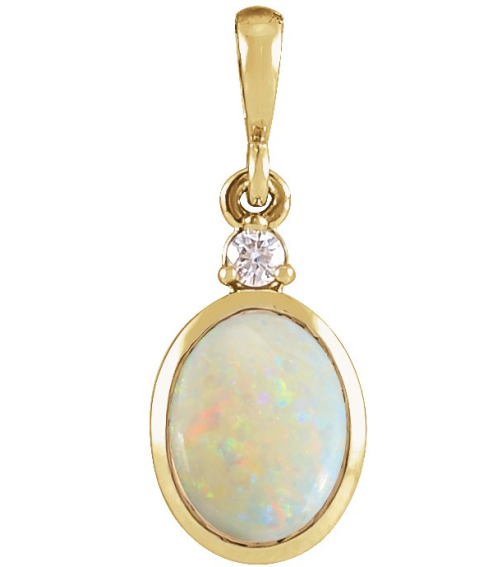 87438 Pendant Set 14K Yellow Oval Natural White Opal 12 X 10Mm 0.03 Ct Natural Diamond I1, G-H Polished Natural White Opal And .03 Ct Natural Diamond Bezel-Set Cabochon Pendant