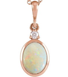 87438 Pendant Set 14K Rose Oval Natural White Opal 12 X 10Mm 0.03 Ct Natural Diamond I1, G-H Polished Natural White Opal And .03 Ct Natural Diamond Bezel-Set Cabochon Pendant