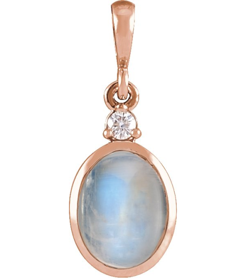 87438 Pendant Set 14K Rose Oval Natural Rainbow Moonstone 10 X 8Mm 0.03 Ct Natural Diamond I1, G-H Polished Natural Rainbow Moonstone And .03 Ct Natural Diamond Bezel-Set Cabochon Pendant