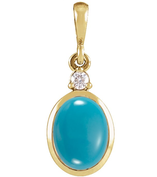 87438 Pendant Set 14K Yellow Oval Natural Turquoise 10 X 8Mm 0.03 Ct Natural Diamond I1, G-H Polished Natural Turquoise And .03 Ct Natural Diamond Bezel-Set Cabochon Pendant