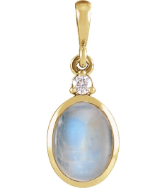 87438 Pendant Set 14K Yellow Oval Natural Rainbow Moonstone 10 X 8Mm 0.03 Ct Natural Diamond I1, G-H Polished Natural Rainbow Moonstone And .03 Ct Natural Diamond Bezel-Set Cabochon Pendant