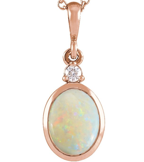 87438 Pendant Set 14K Rose Oval Natural White Opal 10 X 8Mm 0.03 Ct Natural Diamond I1, G-H Polished Natural White Opal And .03 Ct Natural Diamond Bezel-Set Cabochon Pendant