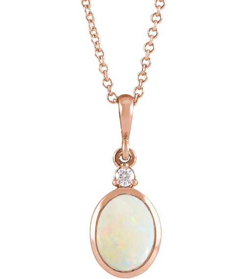87438 Necklace Set 14K Rose Oval Natural White Opal 5 X 3Mm 0.02 Ctw Natural Diamond I1, G-H 16-18 In Polished Natural White Opal And .02 Ct Natural Diamond Cabochon Bezel-Set Necklace