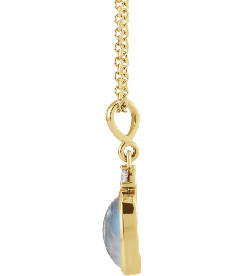 87438 Necklace Set 14K Yellow Oval Natural Rainbow Moonstone 10 X 8Mm 0.03 Ctw Natural Diamond I1, G-H 16-18 In Polished Natural Rainbow Moonstone And .03 Ct Natural Diamond Cabochon Bezel-Set Necklace