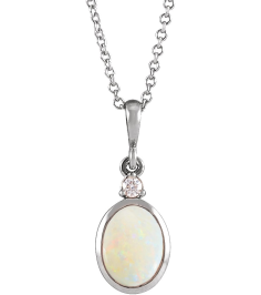 87438 Necklace Set Sterling Silver Oval Natural White Opal 5 X 3Mm 0.02 Ctw Natural Diamond I1, G-H 16-18 In Polished Natural White Opal And .02 Ct Natural Diamond Cabochon Bezel-Set Necklace