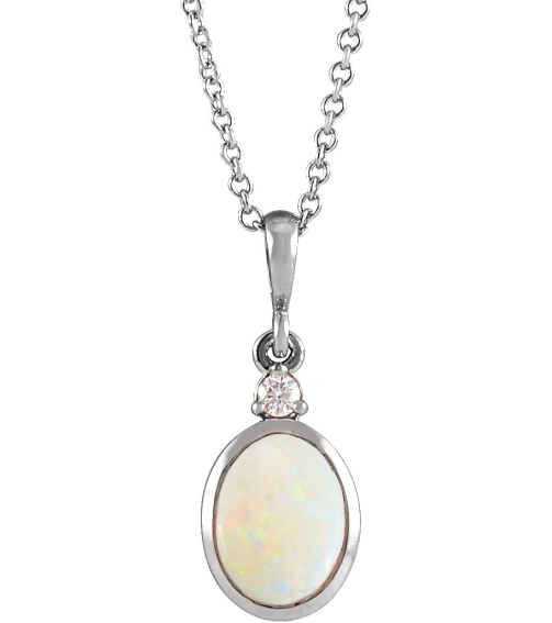87438 Necklace Set Platinum Oval Natural White Opal 10 X 8Mm 0.03 Ctw Natural Diamond Si2-Si3, G-H 16-18 In Polished Natural White Opal And .03 Ct Natural Diamond Cabochon Bezel-Set Necklace