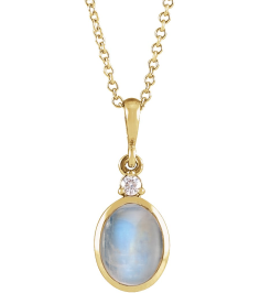 87438 Necklace Set 14K Yellow Oval Natural Rainbow Moonstone 5 X 3Mm 0.02 Ctw Natural Diamond I1, G-H 16-18 In Polished Natural Rainbow Moonstone And .02 Ct Natural Diamond Cabochon Bezel-Set Necklace