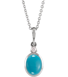 87438 Necklace Set Sterling Silver Oval Natural Turquoise 9 X 7Mm 0.03 Ctw Natural Diamond I1, G-H 16-18 In Polished Natural Turquoise And .03 Ct Natural Diamond Cabochon Bezel-Set Necklace