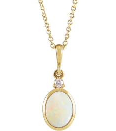 87438 Necklace Set 14K Yellow Oval Natural White Opal 9 X 7Mm 0.03 Ctw Natural Diamond I1, G-H 16-18 In Polished Natural White Opal And .03 Ct Natural Diamond Cabochon Bezel-Set Necklace