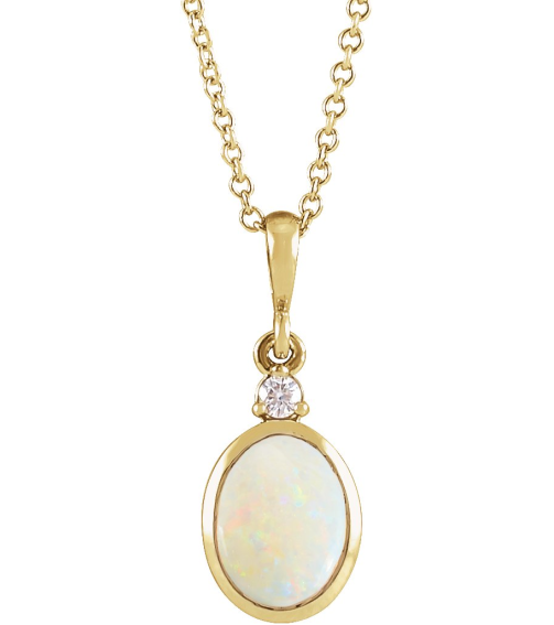 87438 Necklace Set 14K Yellow Oval Natural White Opal 9 X 7Mm 0.03 Ctw Natural Diamond I1, G-H 16-18 In Polished Natural White Opal And .03 Ct Natural Diamond Cabochon Bezel-Set Necklace