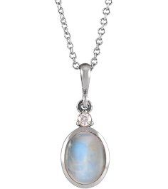 87438 Necklace Set Sterling Silver Oval Natural Rainbow Moonstone 9 X 7Mm 0.03 Ctw Natural Diamond I1, G-H 16-18 In Polished Natural Rainbow Moonstone And .03 Ct Natural Diamond Cabochon Bezel-Set Necklace