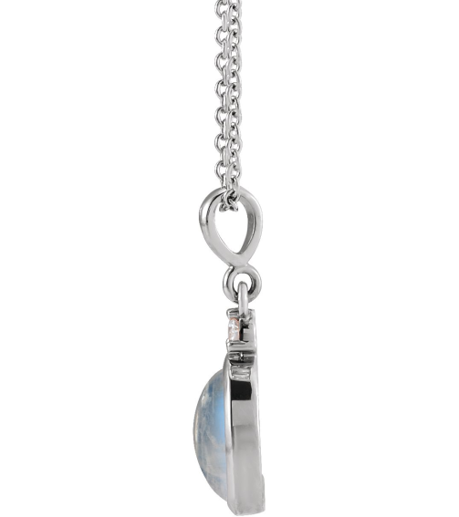 87438 Necklace Set Sterling Silver Oval Natural Rainbow Moonstone 9 X 7Mm 0.03 Ctw Natural Diamond I1, G-H 16-18 In Polished Natural Rainbow Moonstone And .03 Ct Natural Diamond Cabochon Bezel-Set Necklace