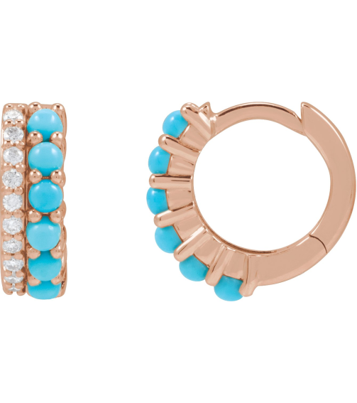 88701 Earring Set Natural Turquoise Round 2 Mm 14K Rose Natural Diamond Pair Hinged Polished Natural Turquoise And 18 Ctw Natural Diamond Huggie Earrings