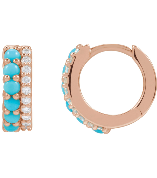 88701 Earring Set Natural Turquoise Round 2 Mm 14K Rose Natural Diamond Pair Hinged Polished Natural Turquoise And 18 Ctw Natural Diamond Huggie Earrings