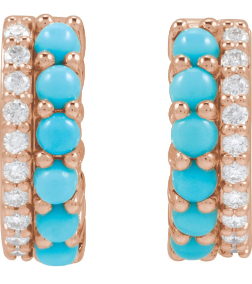 88701 Earring Set Natural Turquoise Round 2 Mm 14K Rose Natural Diamond Pair Hinged Polished Natural Turquoise And 18 Ctw Natural Diamond Huggie Earrings