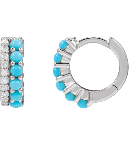 88701 Earring Set Natural Turquoise Round 2 Mm Sterling Silver Natural Diamond Pair Hinged Polished Natural Turquoise And 18 Ctw Natural Diamond Huggie Earrings