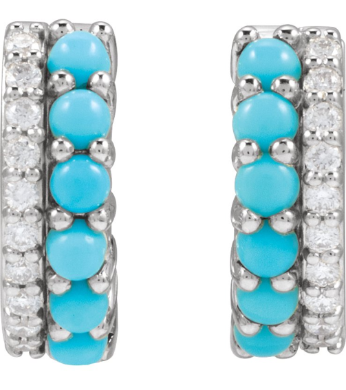 88701 Earring Set Natural Turquoise Round 2 Mm Sterling Silver Natural Diamond Pair Hinged Polished Natural Turquoise And 18 Ctw Natural Diamond Huggie Earrings