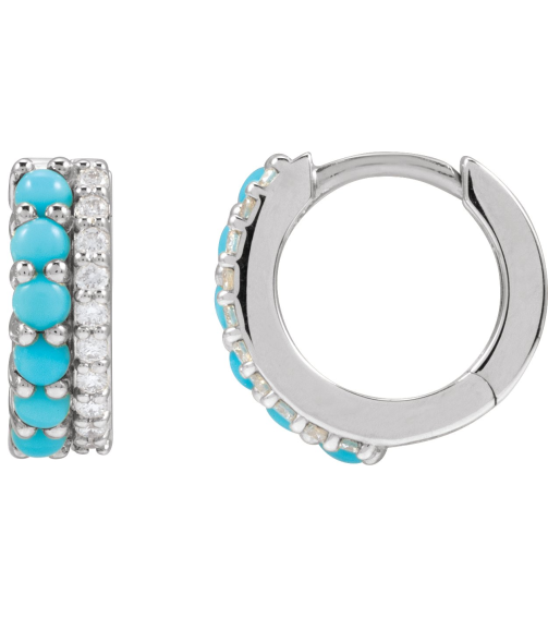 88701 Earring Set Natural Turquoise Round 2 Mm Sterling Silver Natural Diamond Pair Hinged Polished Natural Turquoise And 18 Ctw Natural Diamond Huggie Earrings