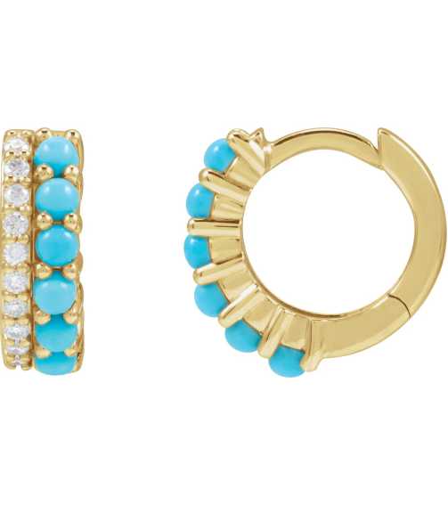 88701 Earring Set Natural Turquoise Round 2 Mm 14K Yellow Natural Diamond Pair Hinged Polished Natural Turquoise And 18 Ctw Natural Diamond Huggie Earrings
