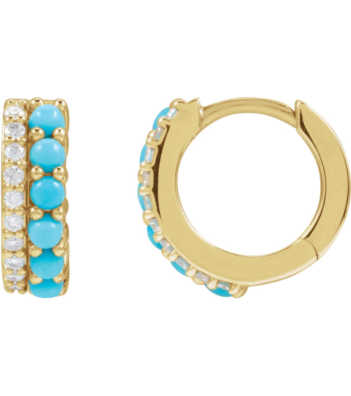 88701 Earring Set Natural Turquoise Round 2 Mm 14K Yellow Natural Diamond Pair Hinged Polished Natural Turquoise And 18 Ctw Natural Diamond Huggie Earrings