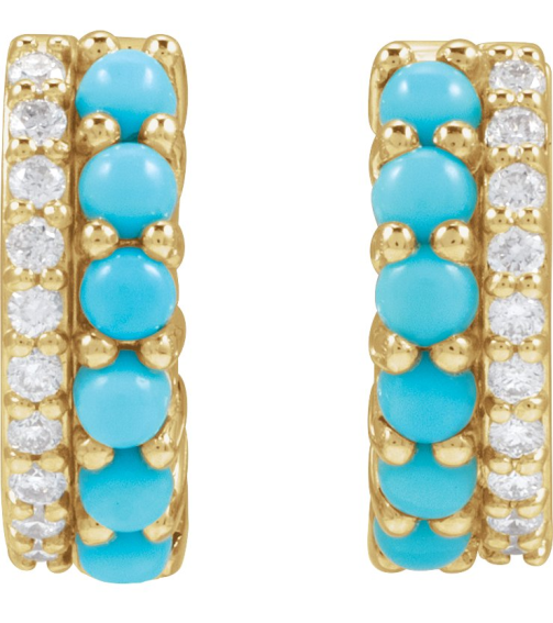 88701 Earring Set Natural Turquoise Round 2 Mm 14K Yellow Natural Diamond Pair Hinged Polished Natural Turquoise And 18 Ctw Natural Diamond Huggie Earrings