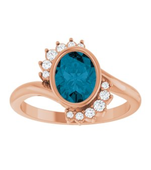 72455 Ring Set 14K Rose Natural London Blue Topaz Oval 8 X 6 Mm Natural Diamond Polished Natural London Blue Topaz And 18 Ctw Natural Diamond Ring