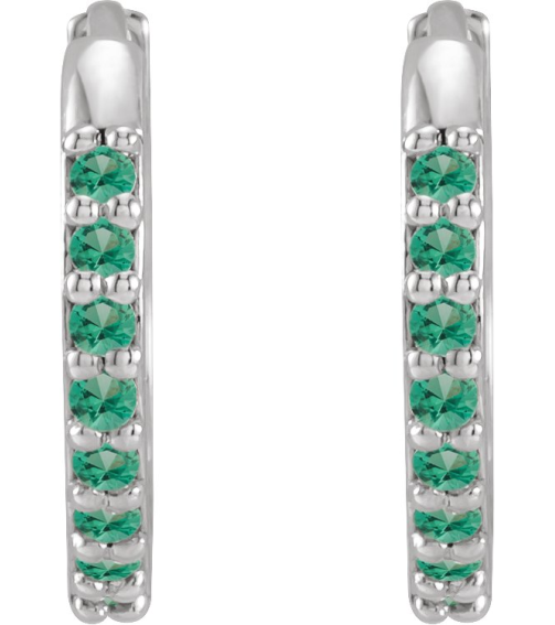 87382 Earring Set 14K White 12.5 Mm 1.6 Mm Lab-Grown Emerald Round 1.3 Mm Pair Hinged Polished Lab-Grown Emerald Hinged Hoop Earrings
