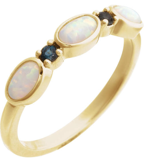 72478 Ring Set 14K Yellow Lab-Grown White Opal Oval 5 X 3 Mm Natural London Blue Topaz Polished Lab-Grown White Opal Cabochon And Natural London Blue Topaz Stackable Ring