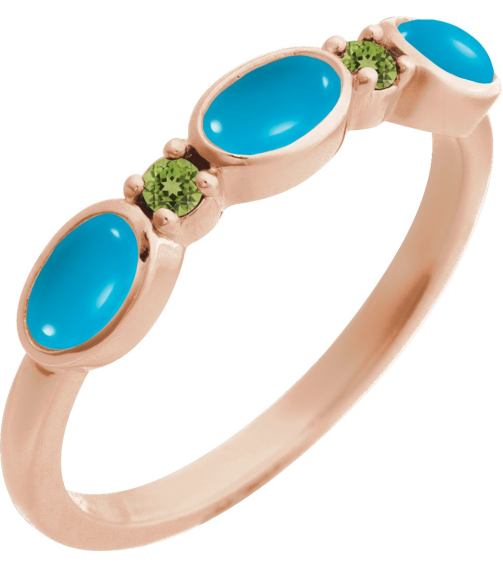 72478 Ring Set 14K Rose Natural Turquoise Oval 5 X 3 Mm Natural Peridot Polished Natural Turquoise Cabochon And Natural Peridot Stackable Ring
