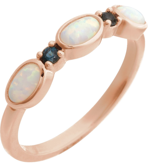 72478 Ring Set 14K Rose Lab-Grown White Opal Oval 5 X 3 Mm Natural London Blue Topaz Polished Lab-Grown White Opal Cabochon And Natural London Blue Topaz Stackable Ring