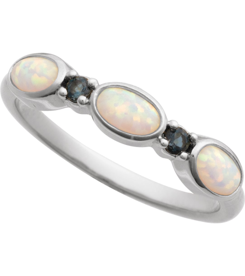 72478 Ring Set Sterling Silver Lab-Grown White Opal Oval 5 X 3 Mm Natural London Blue Topaz Polished Lab-Grown White Opal Cabochon And Natural London Blue Topaz Stackable Ring