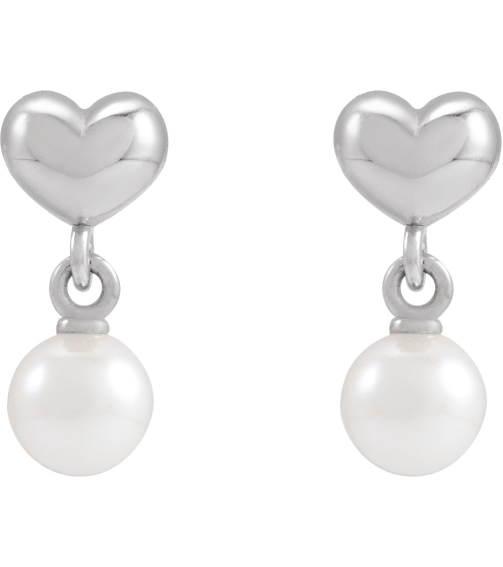 88721 Platinum Set Pearl Cultured Freshwater Pearl Pair 4 Mm Friction Friction Backs Included Pearl Polished Freshwater Pearl Youth Heart Drop Earrings