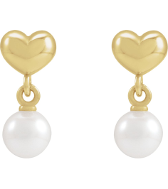 88721 14K Yellow Set Pearl Cultured Freshwater Pearl Pair 4 Mm Friction Friction Backs Included Pearl Polished Freshwater Pearl Youth Heart Drop Earrings