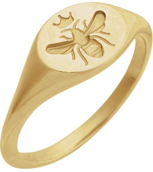 57989 14K Yellow 8.4 X 8.4 Mm Bead BlastPolished Polished Intaglio Bee Signet Ring