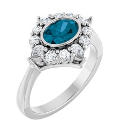 72453 Ring Set Platinum Natural London Blue Topaz Oval 7 X 5 Mm Lab-Grown Diamond Polished Natural London Blue Topaz And 38 Ctw Lab-Grown Diamond Halo-Style Ring