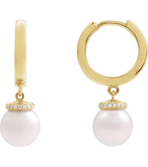 88748 Earring Set 14K Yellow 14.2 Mm 2.3 Mm Cultured Akoya Pearl Pearl 8Mm 0.07 Ctw I1, Gh Pair Hinged Polished Akoya Pearl And .07 Ctw Natural Diamond Hoop Earrings