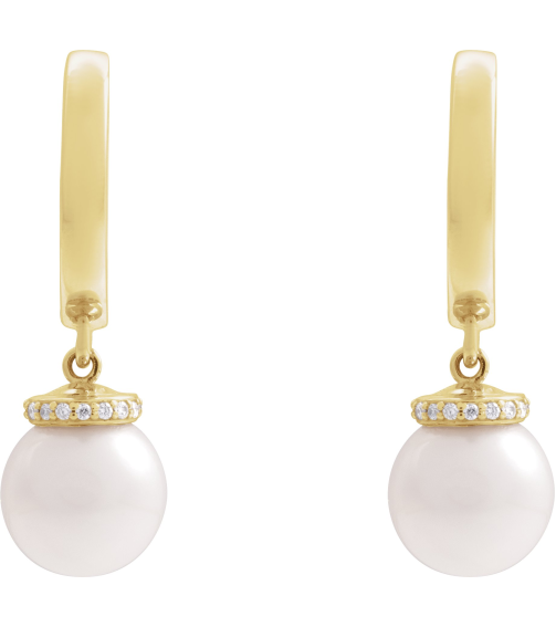 88748 Earring Set 14K Yellow 14.2 Mm 2.3 Mm Cultured Akoya Pearl Pearl 8Mm 0.07 Ctw I1, Gh Pair Hinged Polished Akoya Pearl And .07 Ctw Natural Diamond Hoop Earrings