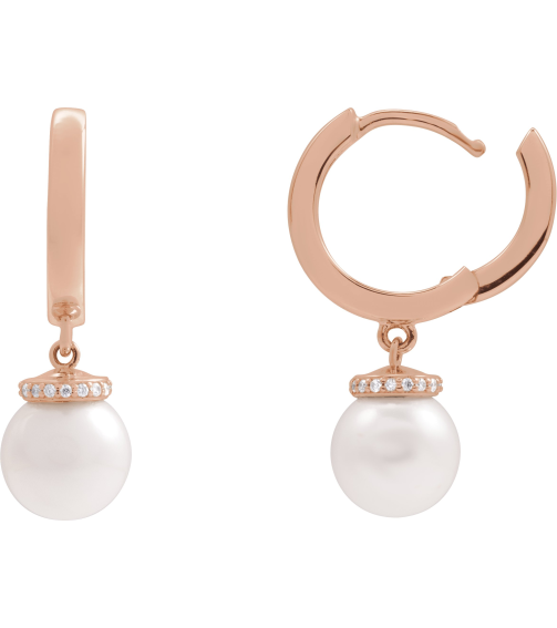 88748 Earring Set 14K Rose 14.2 Mm 2.3 Mm Cultured Akoya Pearl Pearl 8Mm 0.07 Ctw I1, Gh Pair Hinged Polished Akoya Pearl And .07 Ctw Natural Diamond Hoop Earrings