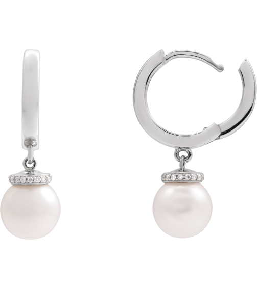 88748 Earring Set Sterling Silver 14.2 Mm 2.3 Mm Cultured Akoya Pearl Pearl 8Mm 0.07 Ctw I1, Gh Pair Hinged Polished Akoya Pearl And .07 Ctw Natural Diamond Hoop Earrings