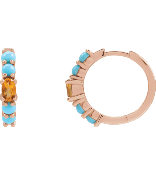 88733 Earring Set 14K Rose 19.6 Mm 3.8 Mm Natural Citrine Oval 5 X 3 Mm Pair Hinged Polished Natural Citrine And Natural Turquoise Huggie Hoop Earrings