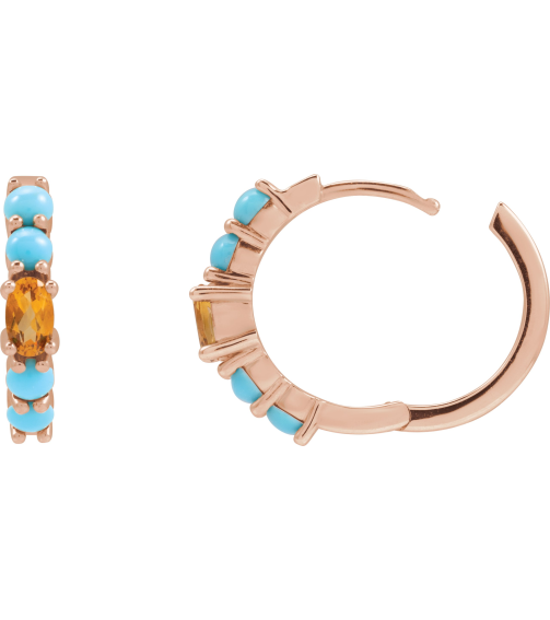 88733 Earring Set 14K Rose 19.6 Mm 3.8 Mm Natural Citrine Oval 5 X 3 Mm Pair Hinged Polished Natural Citrine And Natural Turquoise Huggie Hoop Earrings
