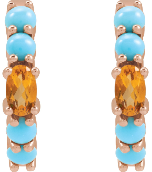 88733 Earring Set 14K Rose 19.6 Mm 3.8 Mm Natural Citrine Oval 5 X 3 Mm Pair Hinged Polished Natural Citrine And Natural Turquoise Huggie Hoop Earrings