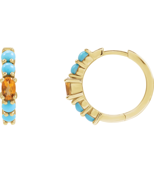 88733 Earring Set 14K Yellow 19.6 Mm 3.8 Mm Natural Citrine Oval 5 X 3 Mm Pair Hinged Polished Natural Citrine And Natural Turquoise Huggie Hoop Earrings