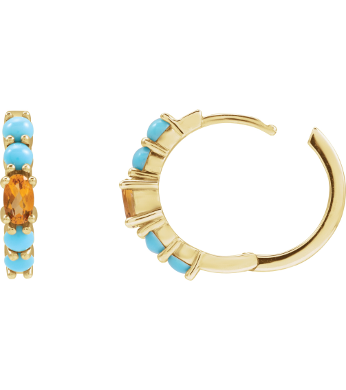 88733 Earring Set 14K Yellow 19.6 Mm 3.8 Mm Natural Citrine Oval 5 X 3 Mm Pair Hinged Polished Natural Citrine And Natural Turquoise Huggie Hoop Earrings