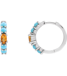 88733 Earring Set Platinum 19.6 Mm 3.8 Mm Natural Citrine Oval 5 X 3 Mm Pair Hinged Polished Natural Citrine And Natural Turquoise Huggie Hoop Earrings