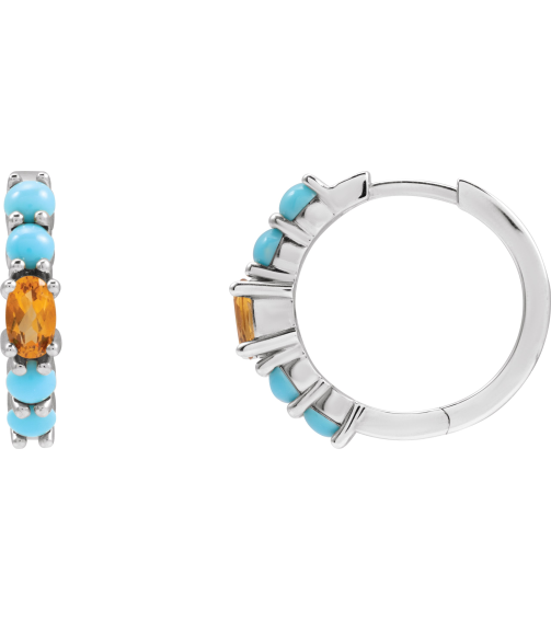 88733 Earring Set Platinum 19.6 Mm 3.8 Mm Natural Citrine Oval 5 X 3 Mm Pair Hinged Polished Natural Citrine And Natural Turquoise Huggie Hoop Earrings