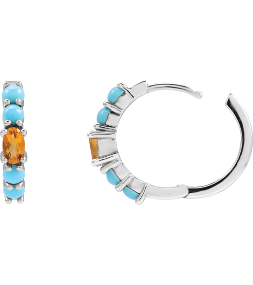 88733 Earring Set Platinum 19.6 Mm 3.8 Mm Natural Citrine Oval 5 X 3 Mm Pair Hinged Polished Natural Citrine And Natural Turquoise Huggie Hoop Earrings