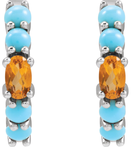 88733 Earring Set Platinum 19.6 Mm 3.8 Mm Natural Citrine Oval 5 X 3 Mm Pair Hinged Polished Natural Citrine And Natural Turquoise Huggie Hoop Earrings
