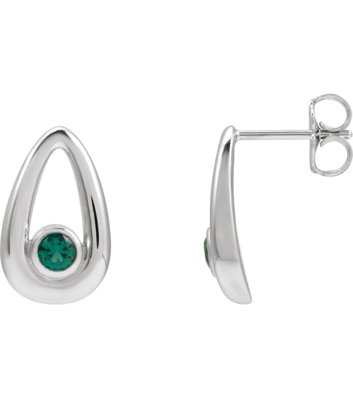 88772 Sterling Silver Set Round Lab-Grown Emerald Pair 3 Mm Friction Friction Backs Included Bezel Polished Lab-Grown Emerald Solitaire Geometric Earrings