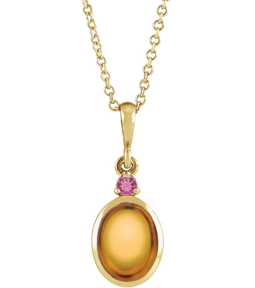 87438 Necklace Set 14K Yellow Oval Natural Citrine 8 X 6 Mm Natural Pink Tourmaline 16-18 In Polished Natural Citrine And Pink Tourmaline Bezel-Set Cabochon Necklace